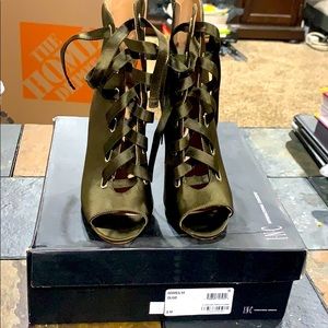 Lace up, olive green, satin heels